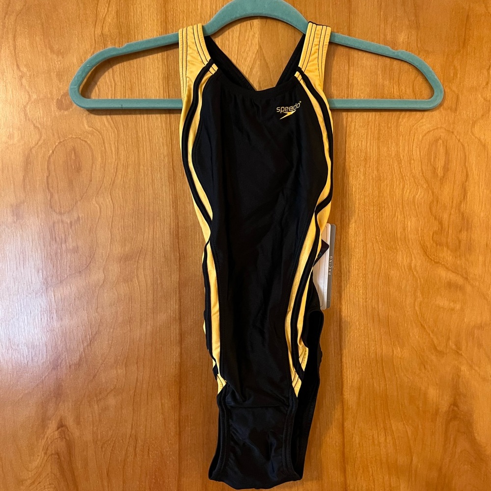 Speedo Girls Racing Xtra Life Lycra Swimsuit Vintage Black Gold Youth Size 24
